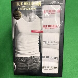 TRUE RELIGION 5-Pack Men's White Premium Cotton Ribbed Tanks - Large 42 - 44